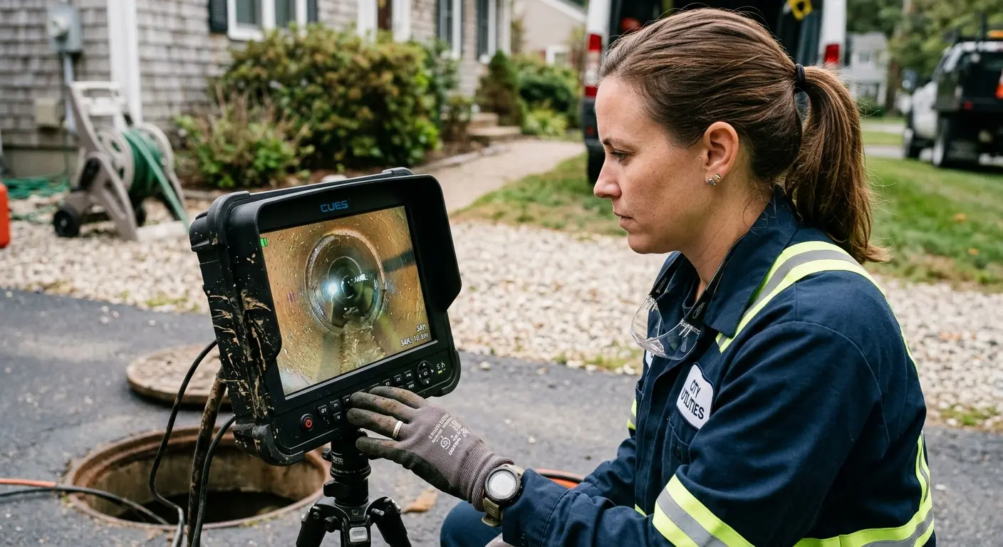 Technician reviewing sewer camera inspection footage in Mayfair
