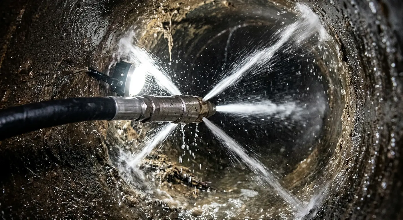 High-pressure hydro jetting nozzle cleaning sewer pipe for Sewer Cleanout in Mayfair