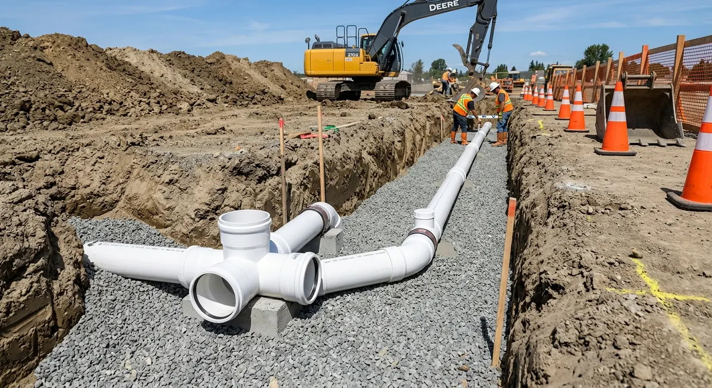 New PVC sewer pipe installation in open trench for Sewer Backup in Mayfair