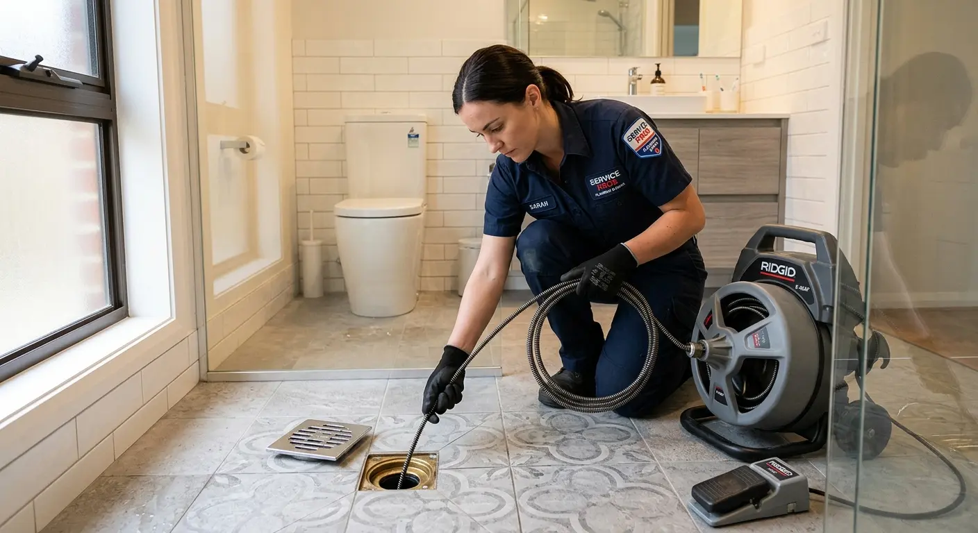 Technician clearing a bathroom floor drain for Sewer Line Replacement in Mayfair